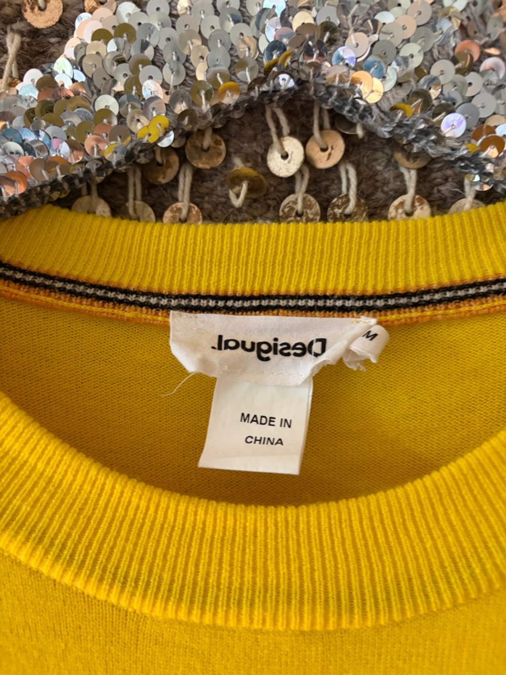 Desigual yellow sequined 'Awesome' crewneck sweater sparkle stripe trim - Picture 7 of 13